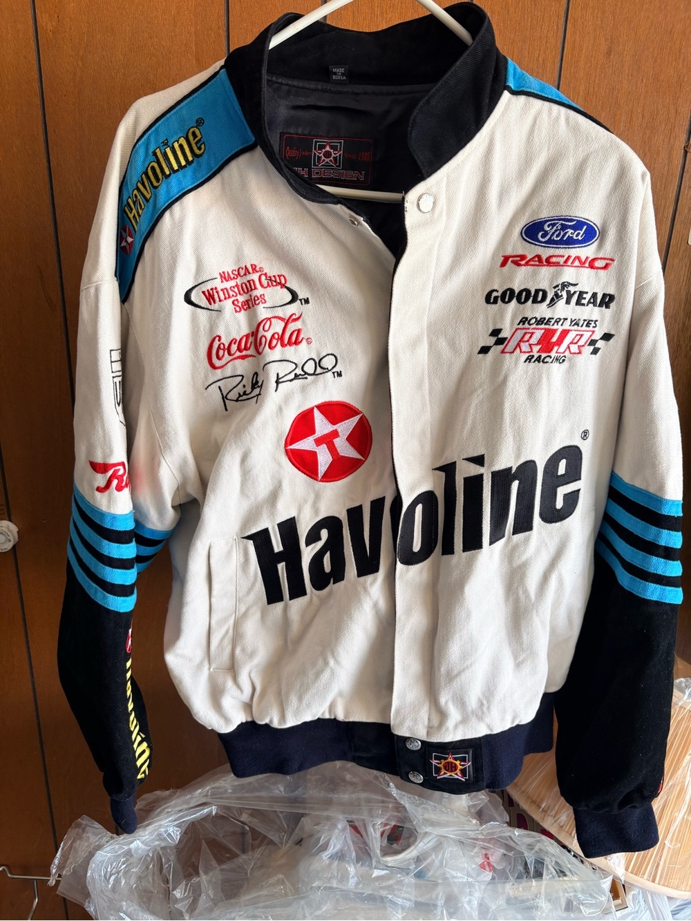 Havoline Men’s Racing Bomber Jacket – White with Blue & Black Accents